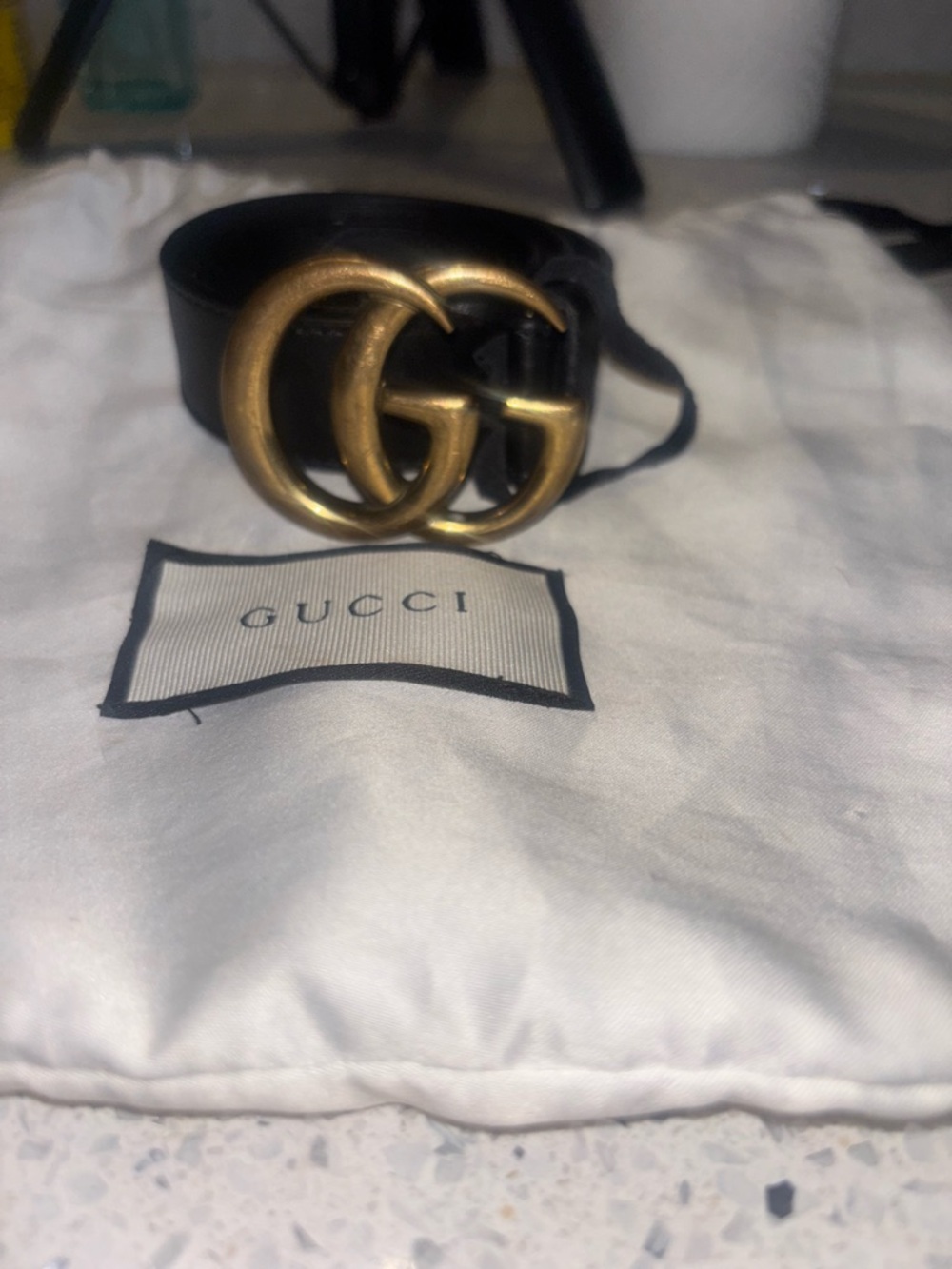 Gucci Black Leather Belt with Gold Buckle Detail